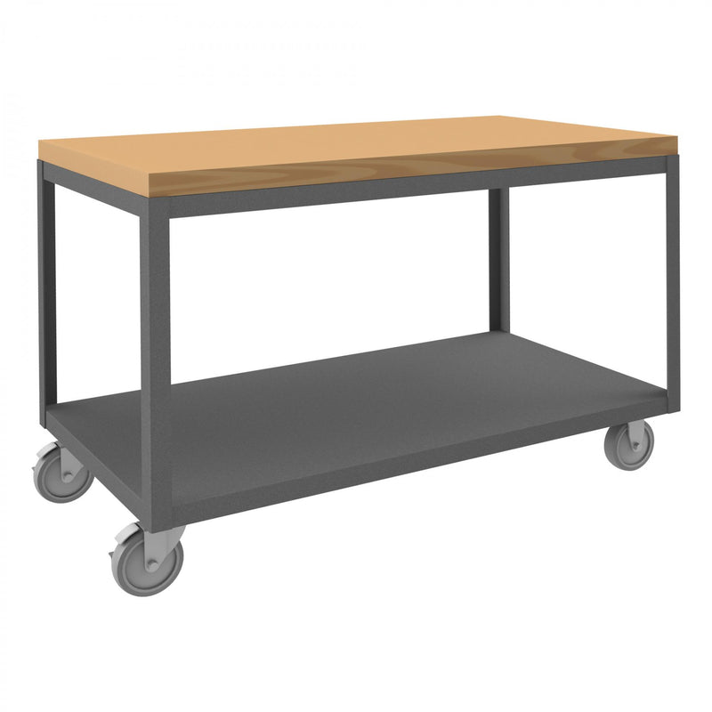 Durham High Deck Mobile Table, 14 Gauge Steel, 2 Shelves, 24 x 48, 1200 lbs. Capacity, Maple Top