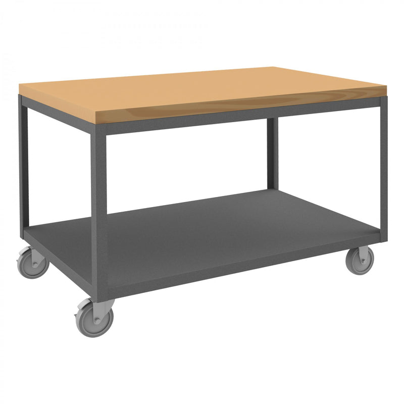 Durham High Deck Mobile Table, 14 Gauge Steel, 2 Shelves, 30 x 48, 1200 lbs. Capacity, Maple Top