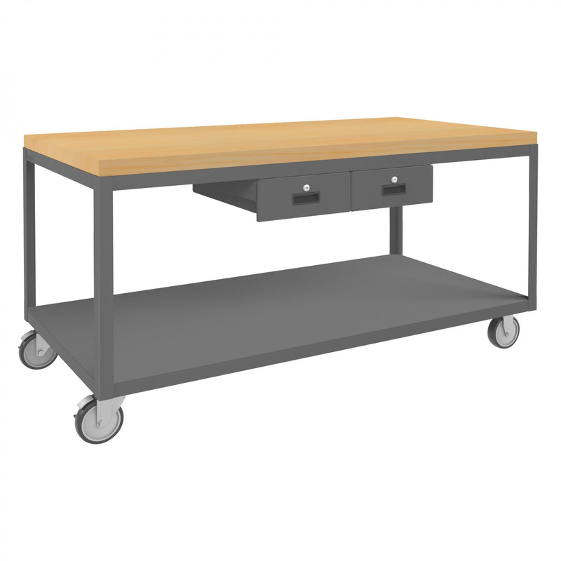 Durham High Deck Mobile Table, 14 Gauge Steel, 2 Shelves, 30 x 60, 1200 lbs. Capacity, Maple Top
