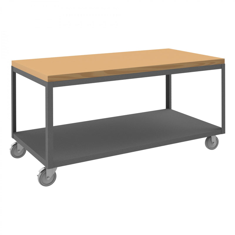 Durham High Deck Mobile Table, 14 Gauge Steel, 2 Shelves, 30 x 60, 1200 lbs. Capacity, Maple Top