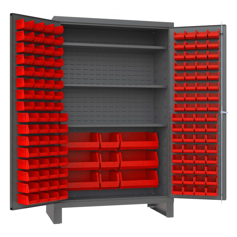 Durham Heavy Duty Cabinet, 14 Gauge, 48 x 24 x 78, 3 Adjustable Shelves, 137 Red Bins, Flush Doors