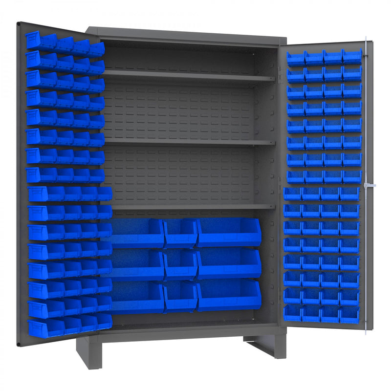 Durham Heavy Duty Cabinet, 14 Gauge, 48 x 24 x 78, 3 Adjustable Shelves, 137 Blue Bins, Flush Doors