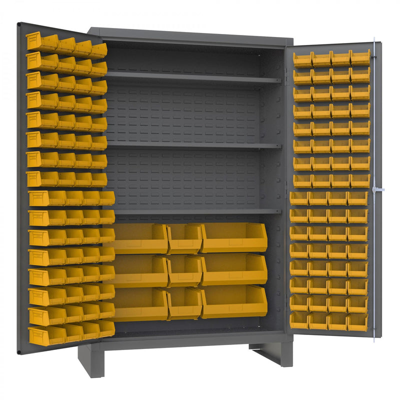 Durham Heavy Duty Cabinet, 14 Gauge, 48 x 24 x 78, 3 Adjustable Shelves, 137 Yellow Bins, Flush Doors