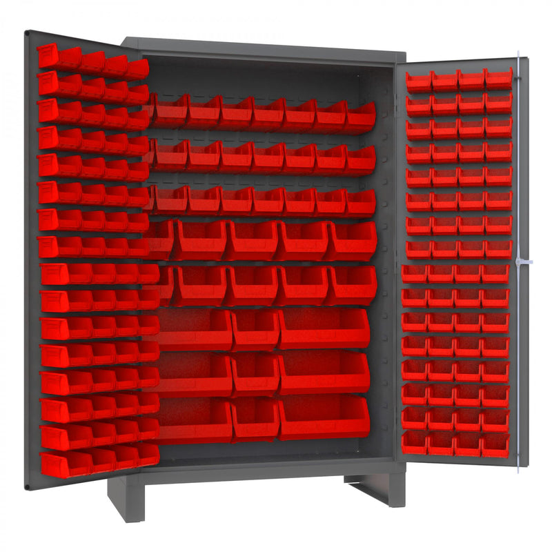 Durham Heavy Duty Cabinet, 14 Gauge, 48 x 24 x 78, 171 Red Bins, Flush Doors with Louvered Panel