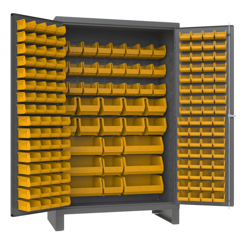 Durham Heavy Duty Cabinet, 14 Gauge, 48 x 24 x 78, 171 Yellow Bins, Flush Doors with Louvered Panel