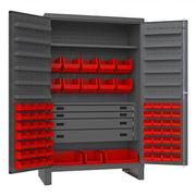 Durham Heavy Duty Cabinet, 14 Gauge, 48 x 24 x 78, 1 Fixed Shelf, 1 Adjustable Shelf, 69 Red Bins