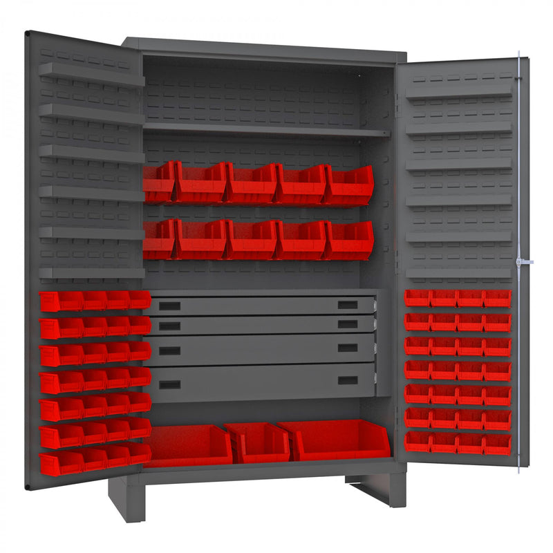 Durham Heavy Duty Cabinet, 14 Gauge, 48 x 24 x 78, 1 Fixed Shelf, 1 Adjustable Shelf, 69 Red Bins