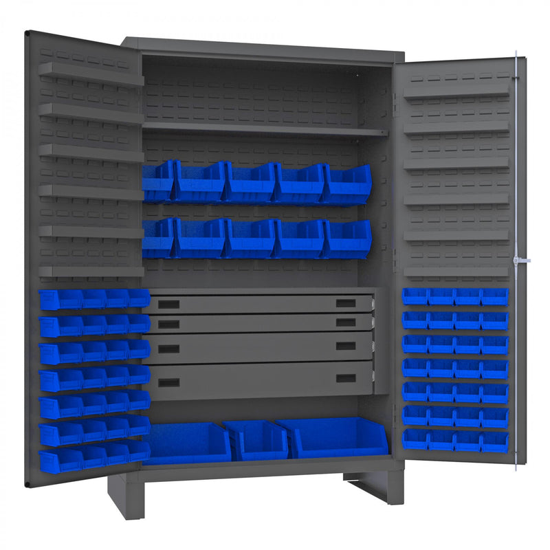 Durham Heavy Duty Cabinet, 14 Gauge, 48 x 24 x 78, 1 Fixed Shelf, 1 Adjustable Shelf, 69 Blue Bins
