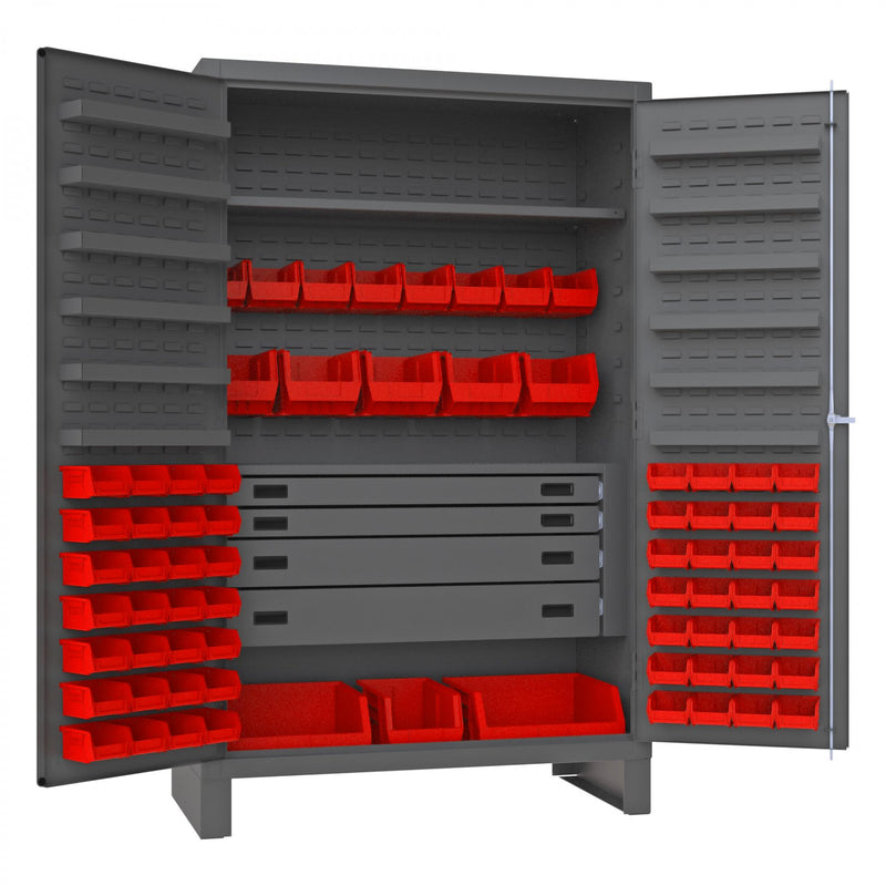 Durham Heavy Duty Cabinet, 14 Gauge, 48 x 24 x 78, 1 Fixed Shelf, 1 Adjustable Shelf, 72 Red Bins