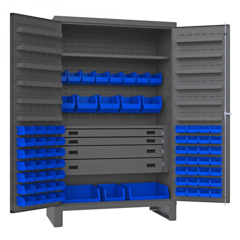 Durham Heavy Duty Cabinet, 14 Gauge, 48 x 24 x 78, 1 Fixed Shelf, 1 Adjustable Shelf, 72 Blue Bins