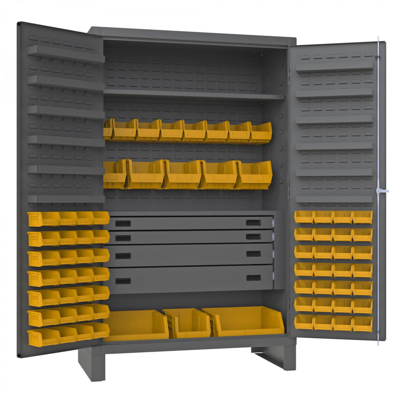 Durham Heavy Duty Cabinet, 14 Gauge, 48 x 24 x 78, 1 Fixed Shelf, 1 Adjustable Shelf, 72 Yellow Bins