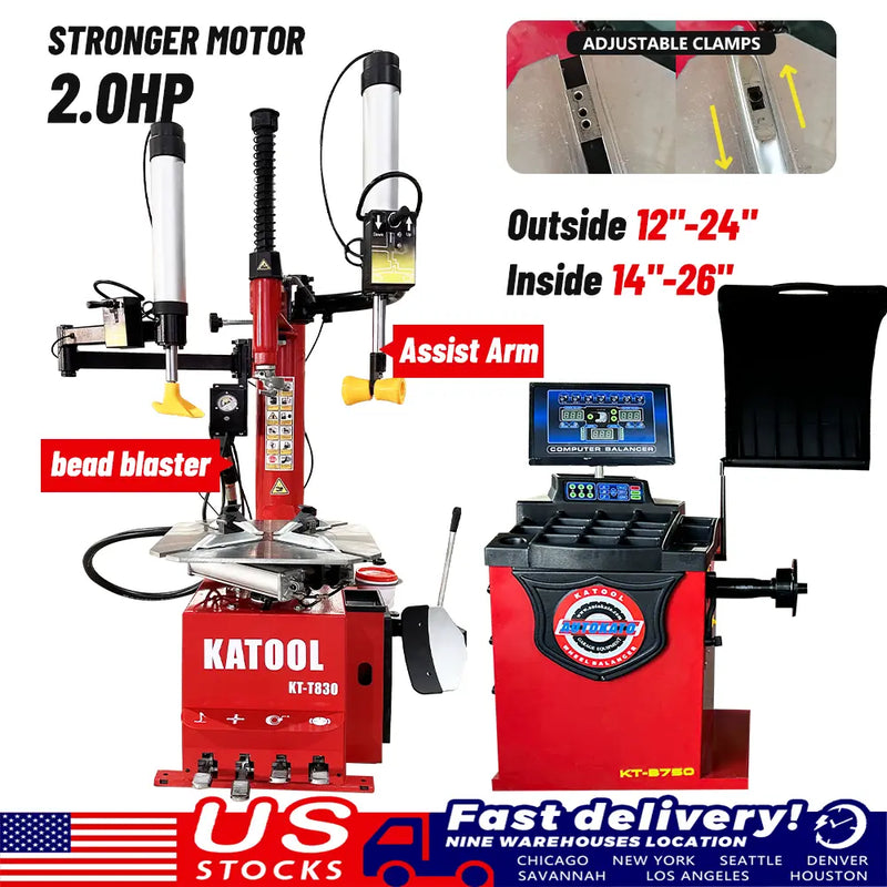 Katool KT-T830 Tire Changer + KT-B750 Wheel Balancer Combo with Mounting Adaptors Katool