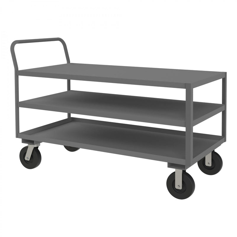Durham Low Deck Service Truck With 8" x 2" Phenolic Casters, (2) Rigid And (2) Swivel, 3 Shelves