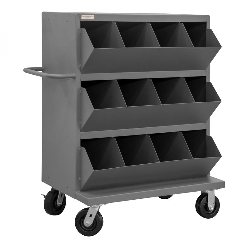 Durham 36 Wide, 14 Gauge, Mobile Storage Bins, With 12 Open Bins, 1 Top Shelf, Tubular Push Handled