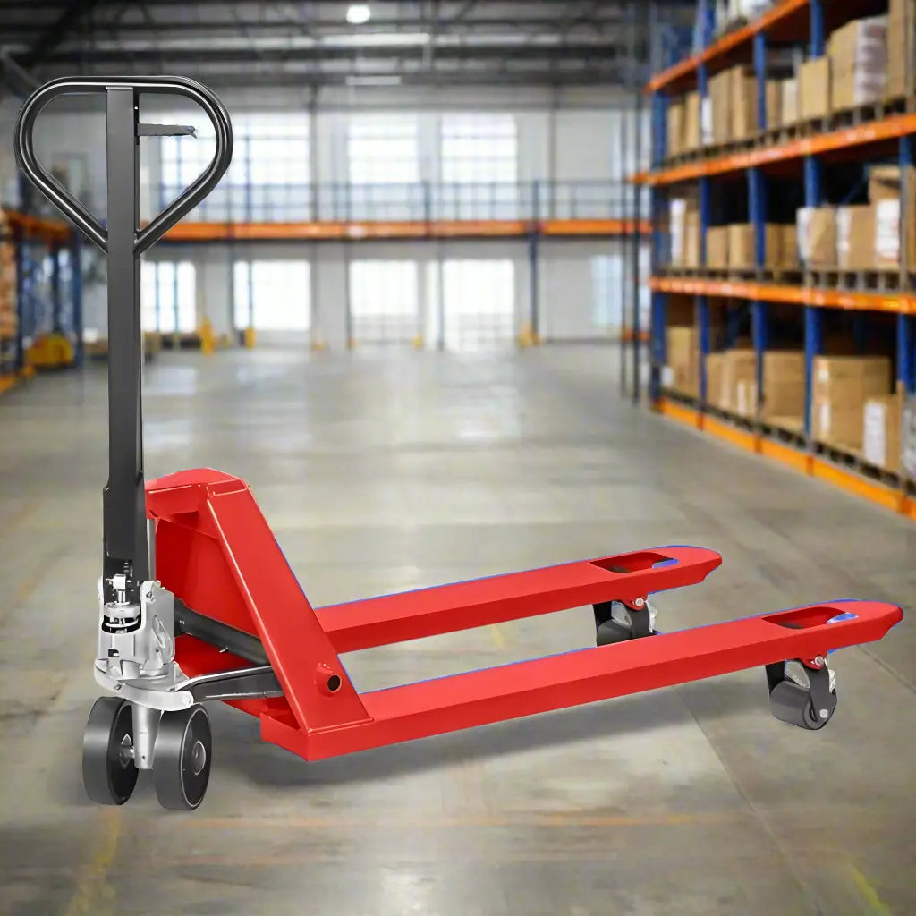 Four Way Manual Pallet Jack in a warehouse