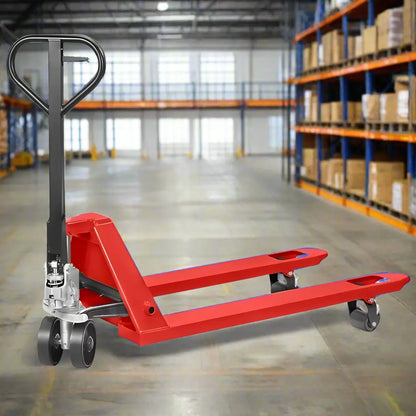 Four Way Manual Pallet Jack in a warehouse