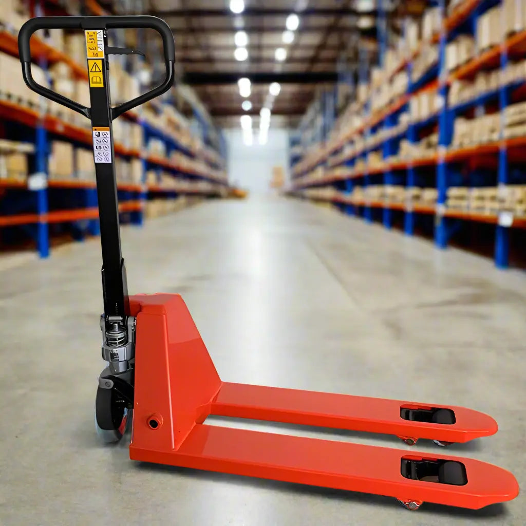 Narrow Short Pallet Jack in a warehouse