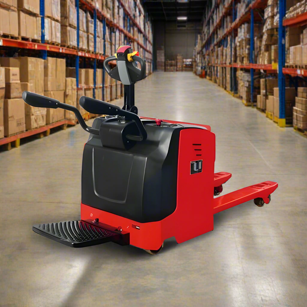 Rider Electric Pallet Jack in a warehouse
