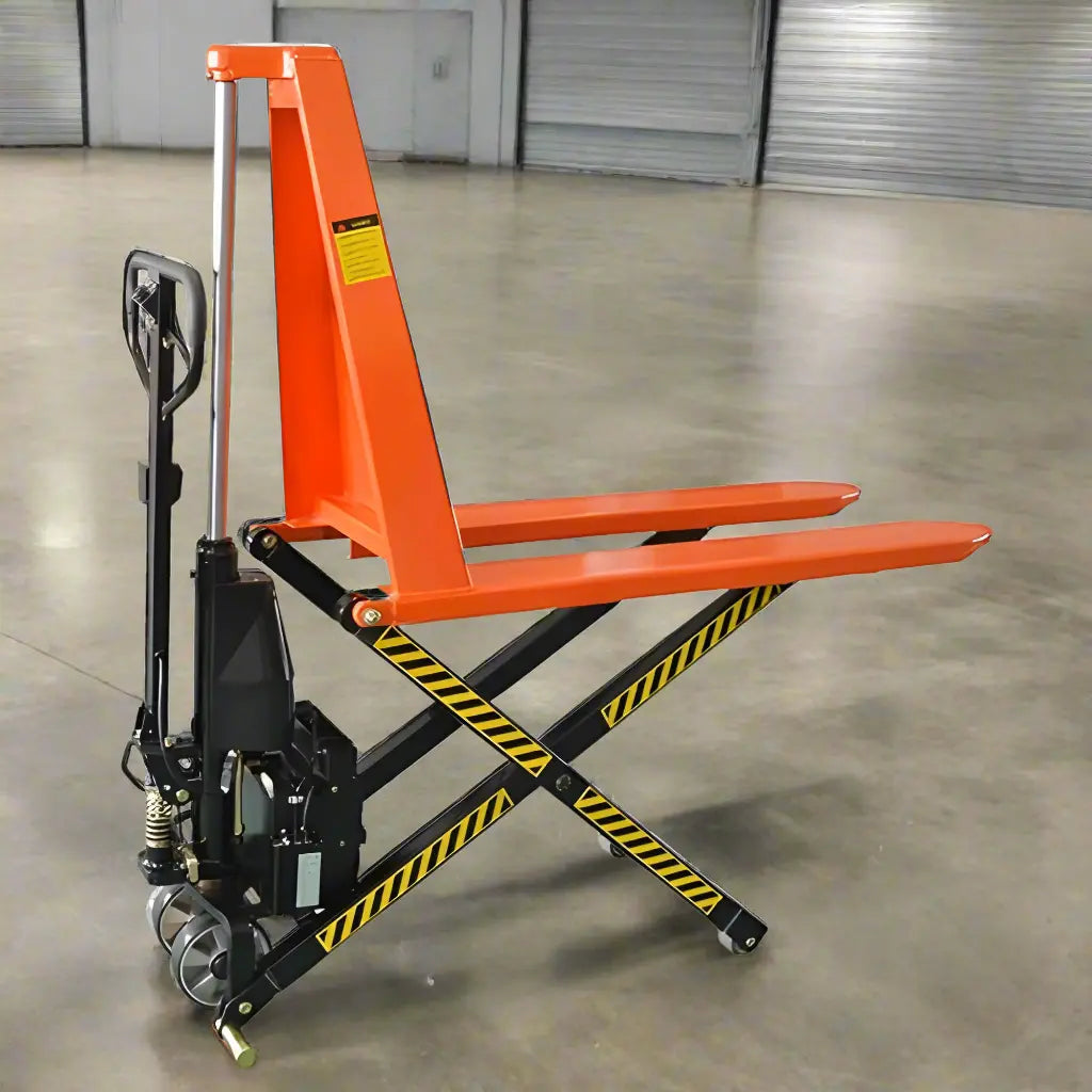 Manual Scissor Lift Pallet Jack in a warehouse
