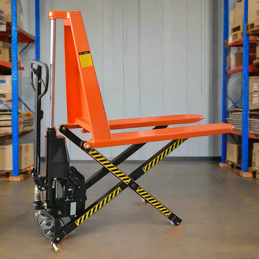 Manual Scissor Lift Pallet Jack in a warehouse