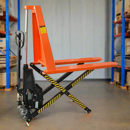 Manual Scissor Lift Pallet Jack in a warehouse