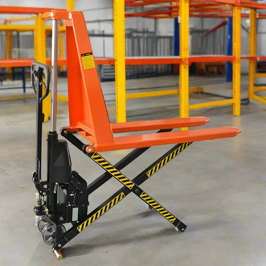 Manual Scissor Lift Pallet Jack in a warehouse