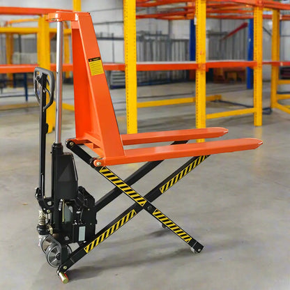 Manual Scissor Lift Pallet Jack in a warehouse