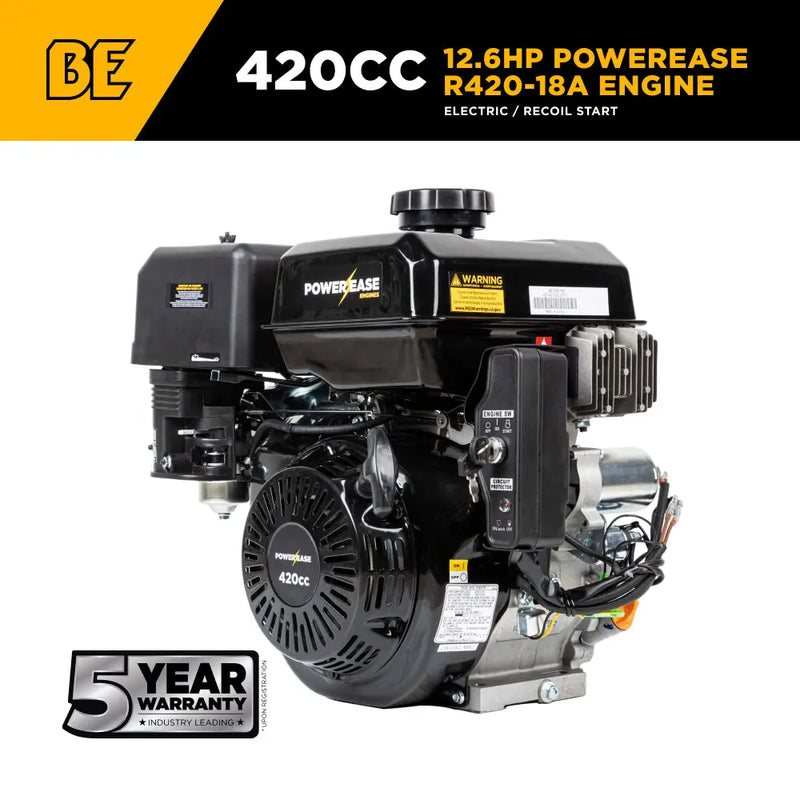 Powerease R420-18A Electric Start Engine – 420cc, 12.6 HP, 1" Horizontal Shaft BE Power Equipment