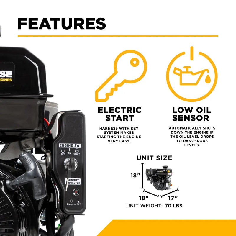 Powerease R420-18A Electric Start Engine – 420cc, 12.6 HP, 1" Horizontal Shaft BE Power Equipment