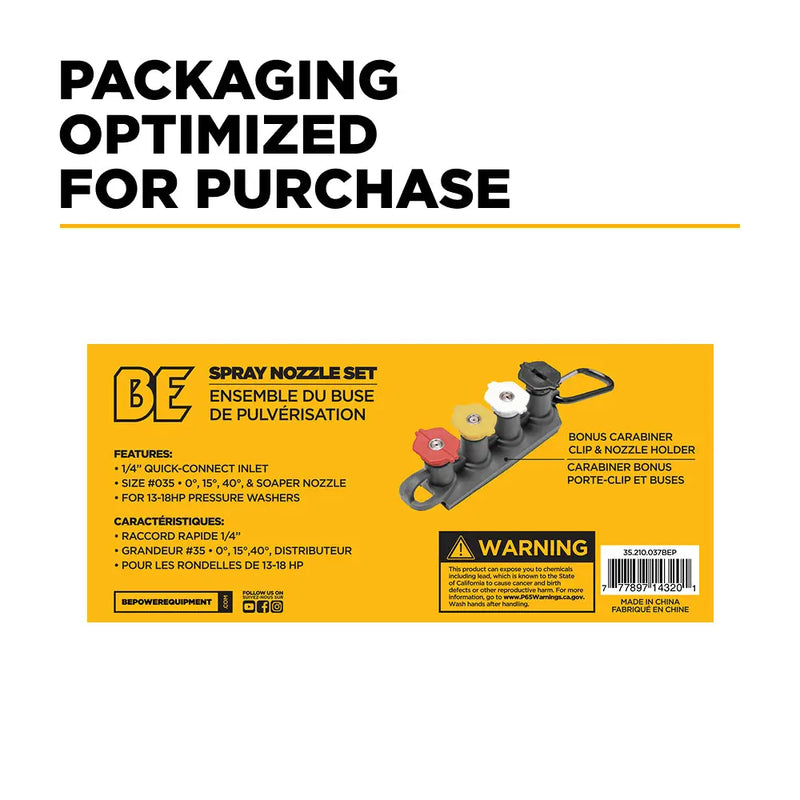 Quick Connect Pressure Washer Nozzle Set 0°, 15°, 40°, and Soaper with Holder & Clip BE Power Equipment