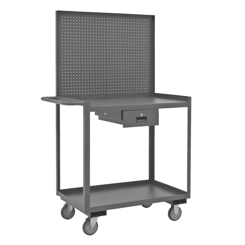 Durham Stock Cart/WorkStation With Pegboard Panel, 2 Shelves, 24 x 36, 14 Gauge, 1200 lbs. Capacity