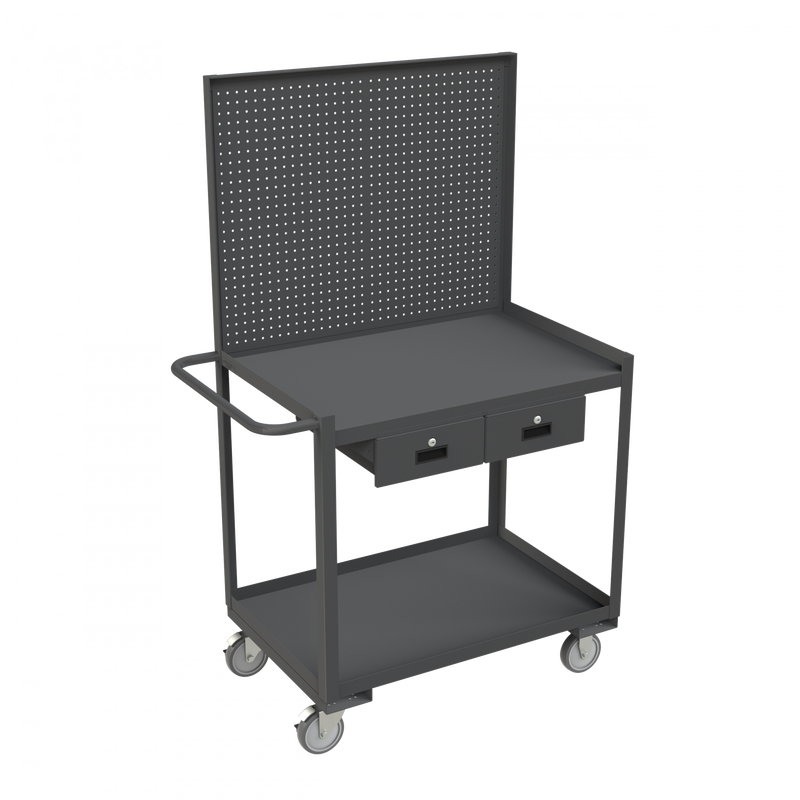 Durham Stock Cart/WorkStation With Pegboard Panel, 2 Shelves, 24 x 36, 14 Gauge, 1200 lbs. Capacity