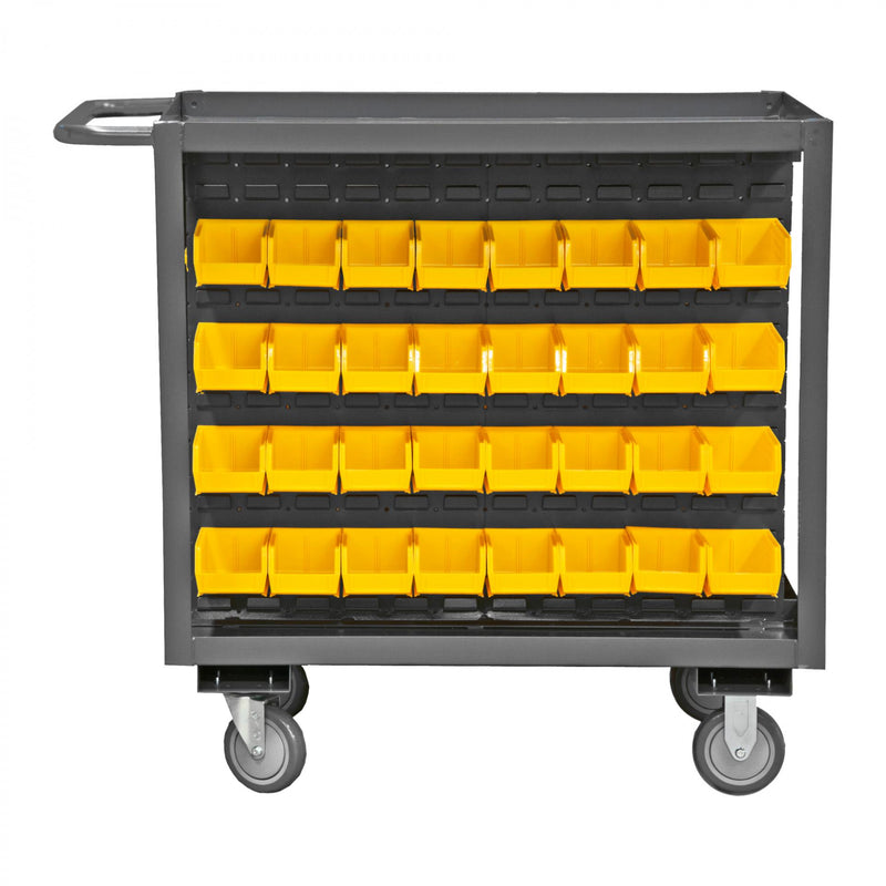 Durham Stock Cart, 2 Shelves, 24 x 36, 14 Gauge, 1200 lbs. Capacity, 64 Yellow Bins, Gray