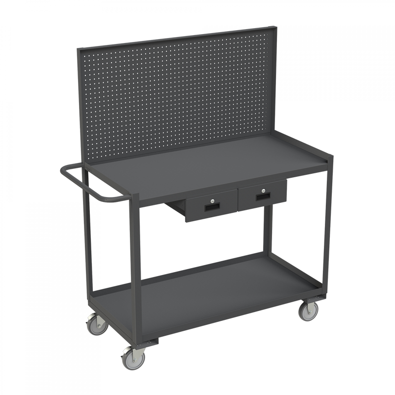 Durham Stock Cart/WorkStation With Pegboard Panel, 2 Shelves, 24 x 48, 14 Gauge, 1200 lbs. Capacity