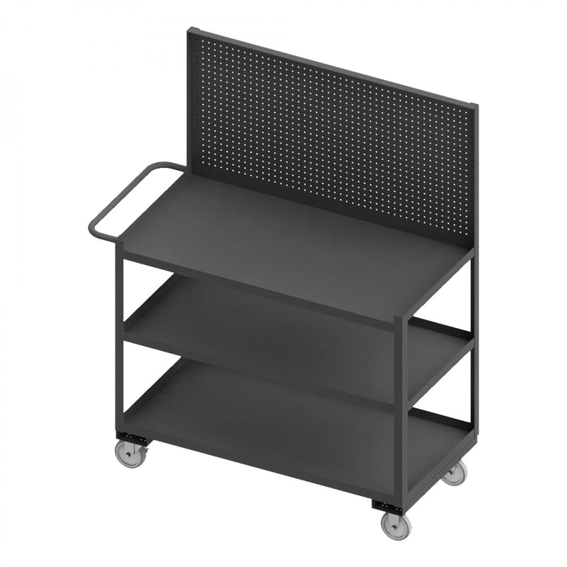Durham Stock Cart/WorkStation With Pegboard Panel, 3 Shelves, 24 x 36, 14 Gauge, 1200 lbs. Capacity