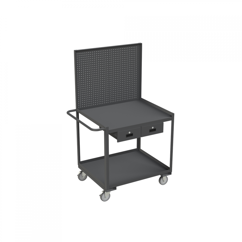 Durham Stock Cart/WorkStation With Pegboard Panel, 2 Shelves, 30 x 36, 14 Gauge, 1200 lbs. Capacity