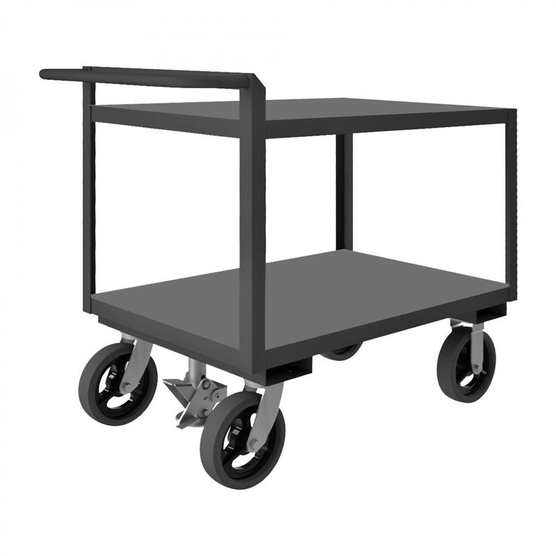 Durham Stock Cart, 2 Shelves, 24 x 36, 14 Gauge, 2400 lbs. Capacity, Raised Handle, Floor Lock, Gray