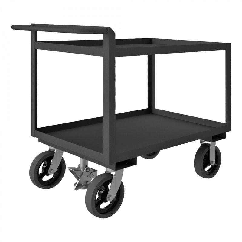 Durham Stock Cart, 2 Shelves, 24 x 36, 14 Gauge, 2400 lbs. Capacity, Raised Handle, Floor Lock, Gray