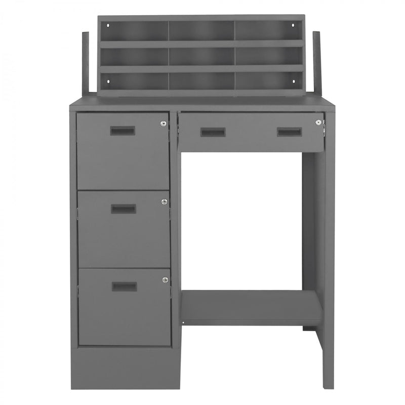 Durham Stationary File Workstation And Stand Up Desk, 1 Shelf, 2 File Drawers