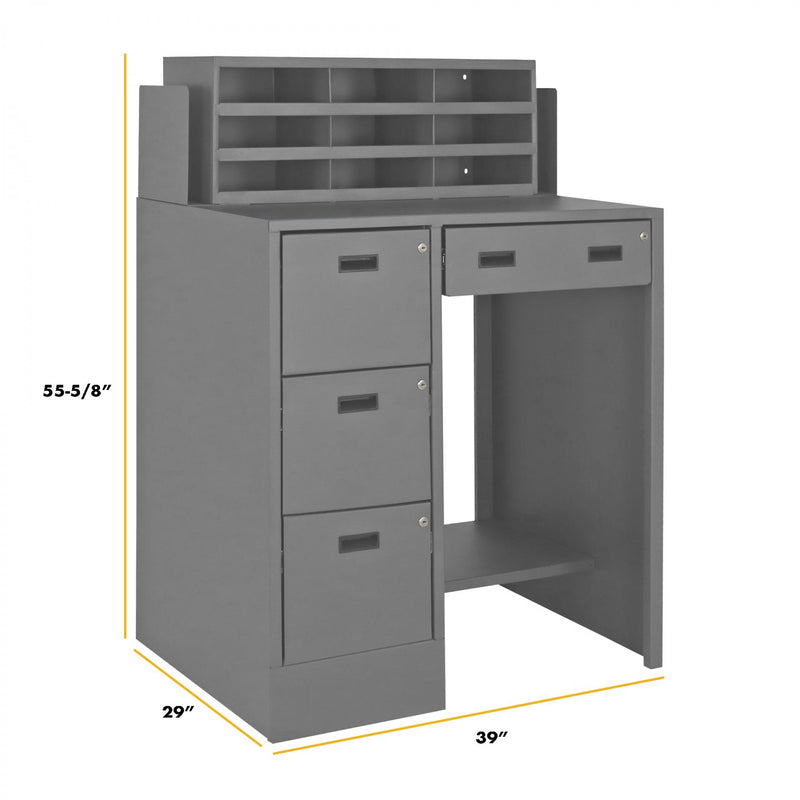 Durham Stationary File Workstation And Stand Up Desk, 1 Shelf, 2 File Drawers