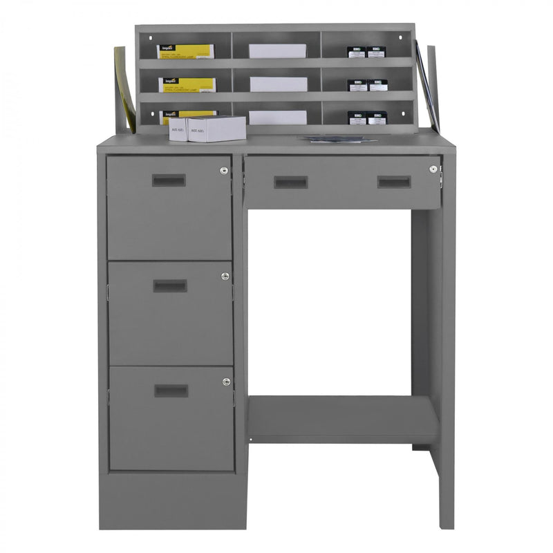 Durham Stationary File Workstation And Stand Up Desk, 1 Shelf, 2 File Drawers