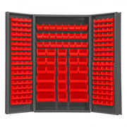 Durham Heavy Duty Cabinet, 14 Gauge, 48 x 24 x 84, 192 Red Bins, 4" Deep Box Doors with Louvered Panel