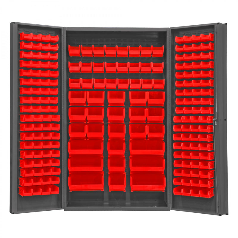 Durham Heavy Duty Cabinet, 14 Gauge, 48 x 24 x 84, 192 Red Bins, 4" Deep Box Doors with Louvered Panel