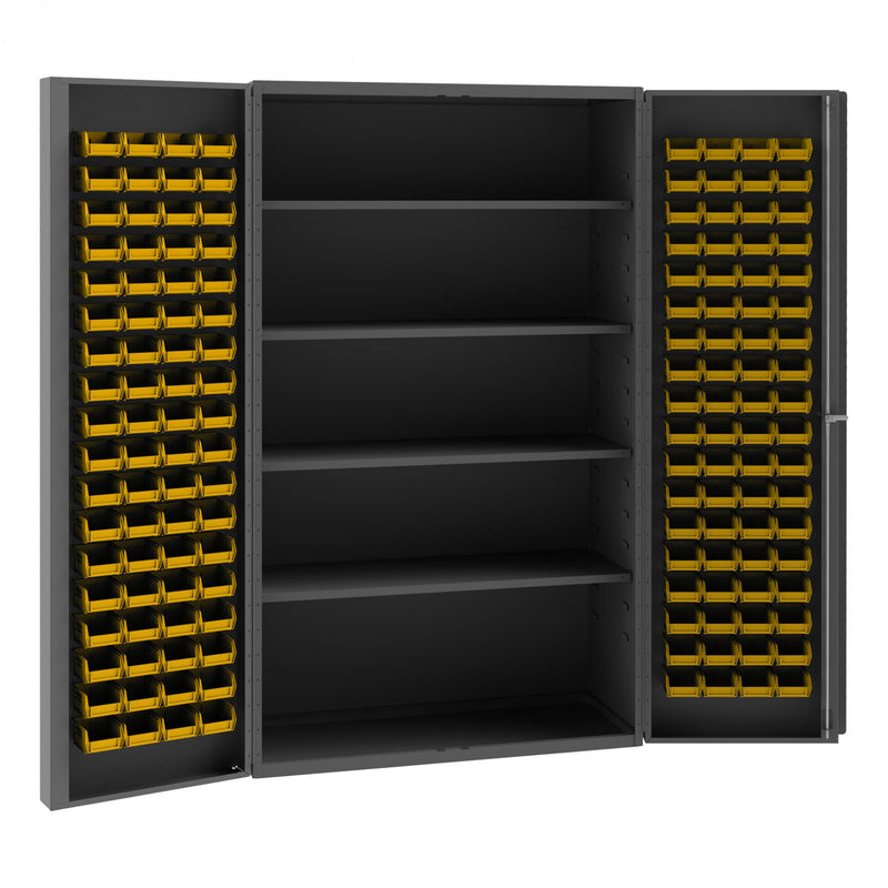 Durham Heavy Duty Cabinet, 14 Gauge, 48 x 24 x 84, 4 Adjustable Shelves, 144 Yellow Bins