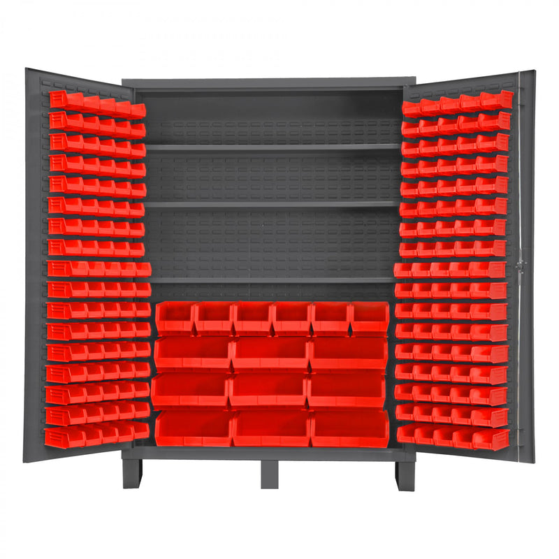 Durham Heavy Duty Cabinet, 14 Gauge, 60 x 24 x 84, 3 Adjustable Shelves, 185 Red Bins