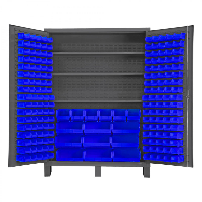 Durham Heavy Duty Cabinet, 14 Gauge, 60 x 24 x 84, 3 Adjustable Shelves, 185 Blue Bins
