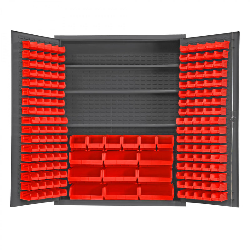 Durham Heavy Duty Cabinet, 14 Gauge, 60 x 24 x 78, 3 Adjustable Shelves, 185 Red Bins