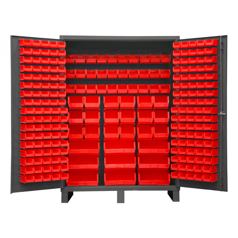 Durham Heavy Duty Cabinet, 14 Gauge, 60 x 24 x 84, 227 Red Bins, Flush Doors with Louvered Panel