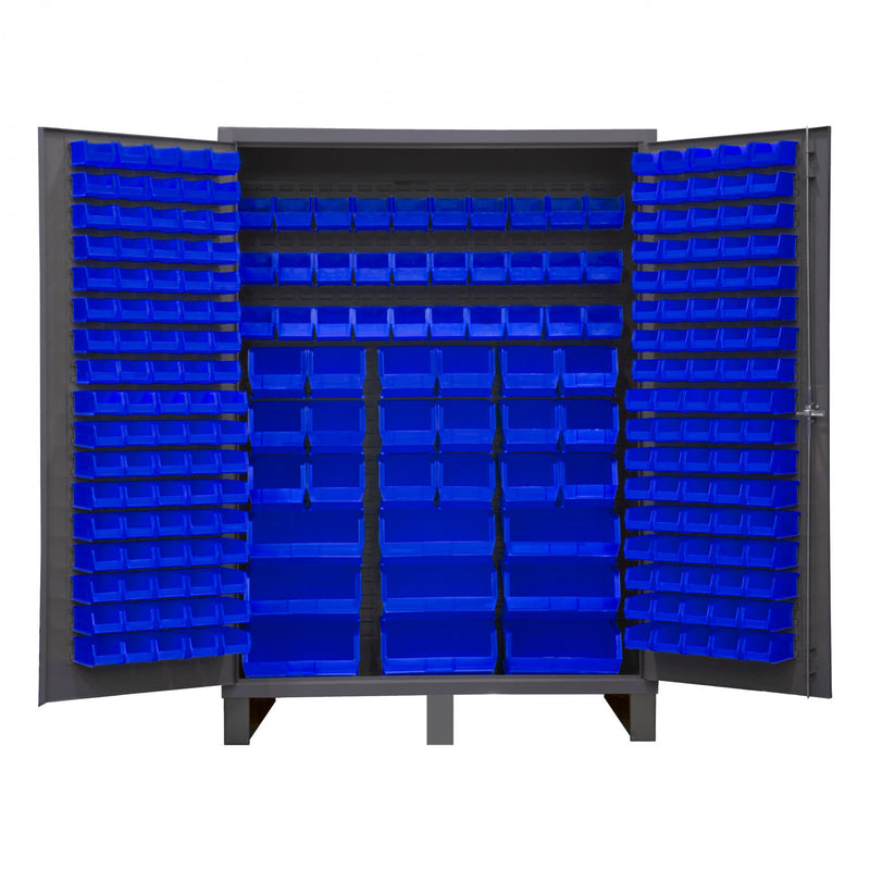 Durham Heavy Duty Cabinet, 14 Gauge, 60 x 24 x 84, 227 Blue Bins, Flush Doors with Louvered Panel