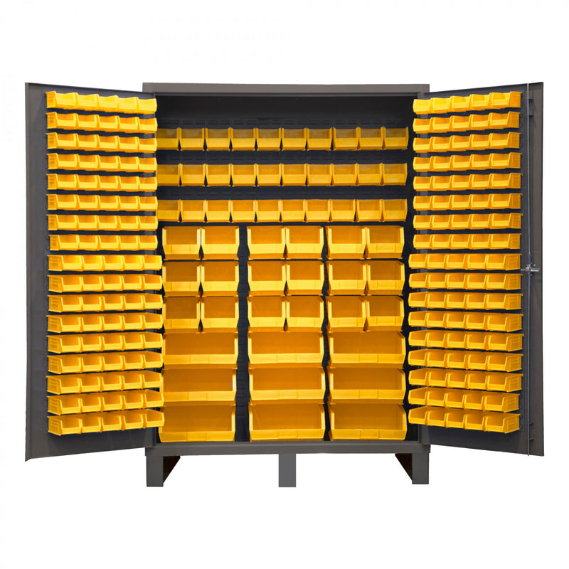 Durham Heavy Duty Cabinet, 14 Gauge, 60 x 24 x 84, 227 Yellow Bins, Flush Doors with Louvered Panel